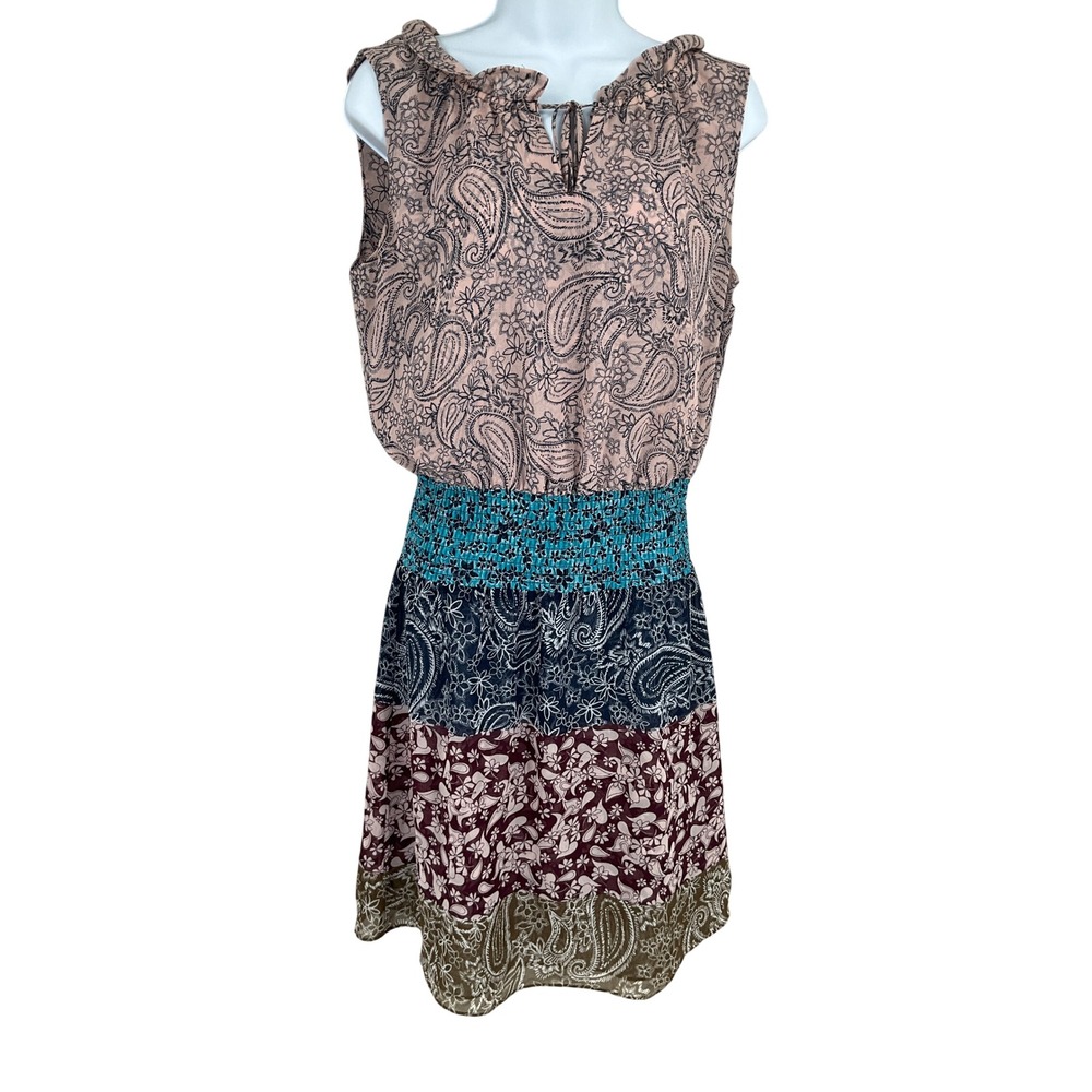 Cabi Paisley Tiered Dress Womens Sz S Pink Multi Smocked Bohemian Airy Travel